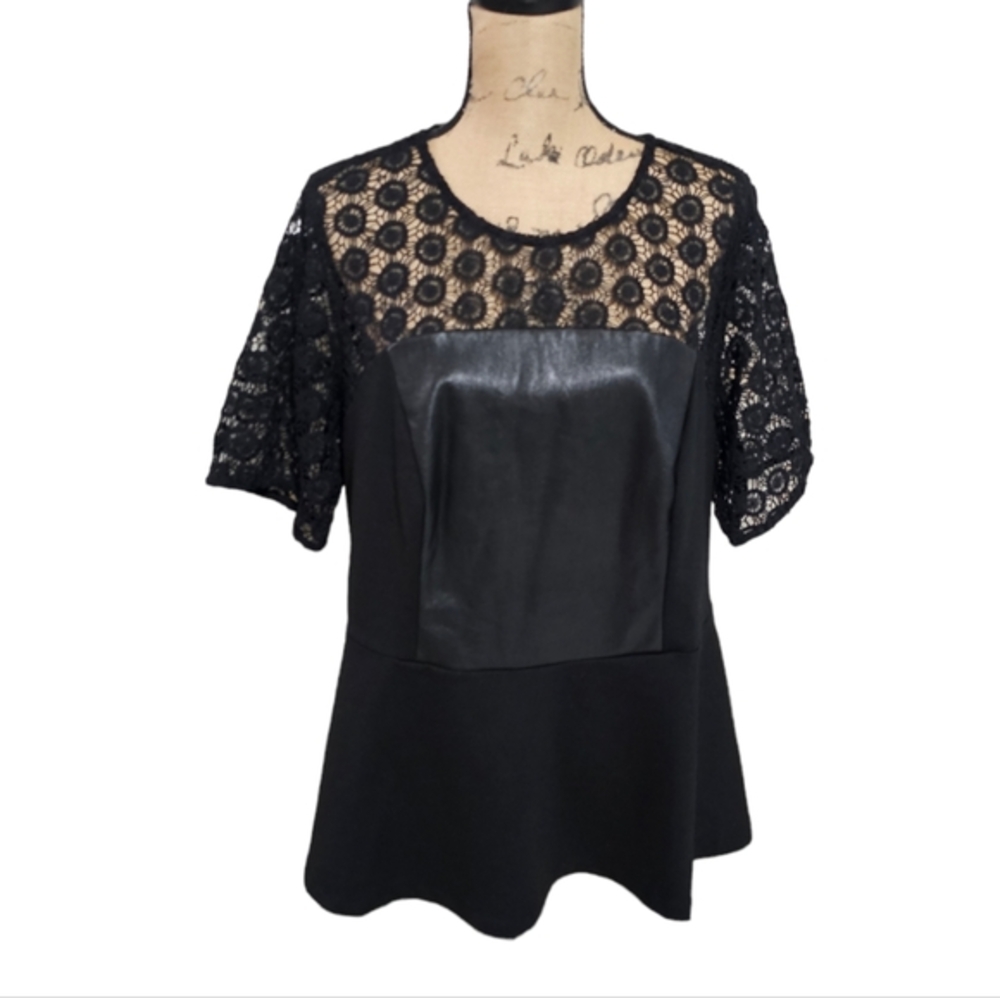 Eloquii Black Lace Vegan Leather Babydoll Peplum Party Shirt Top Plus Size 18 2X